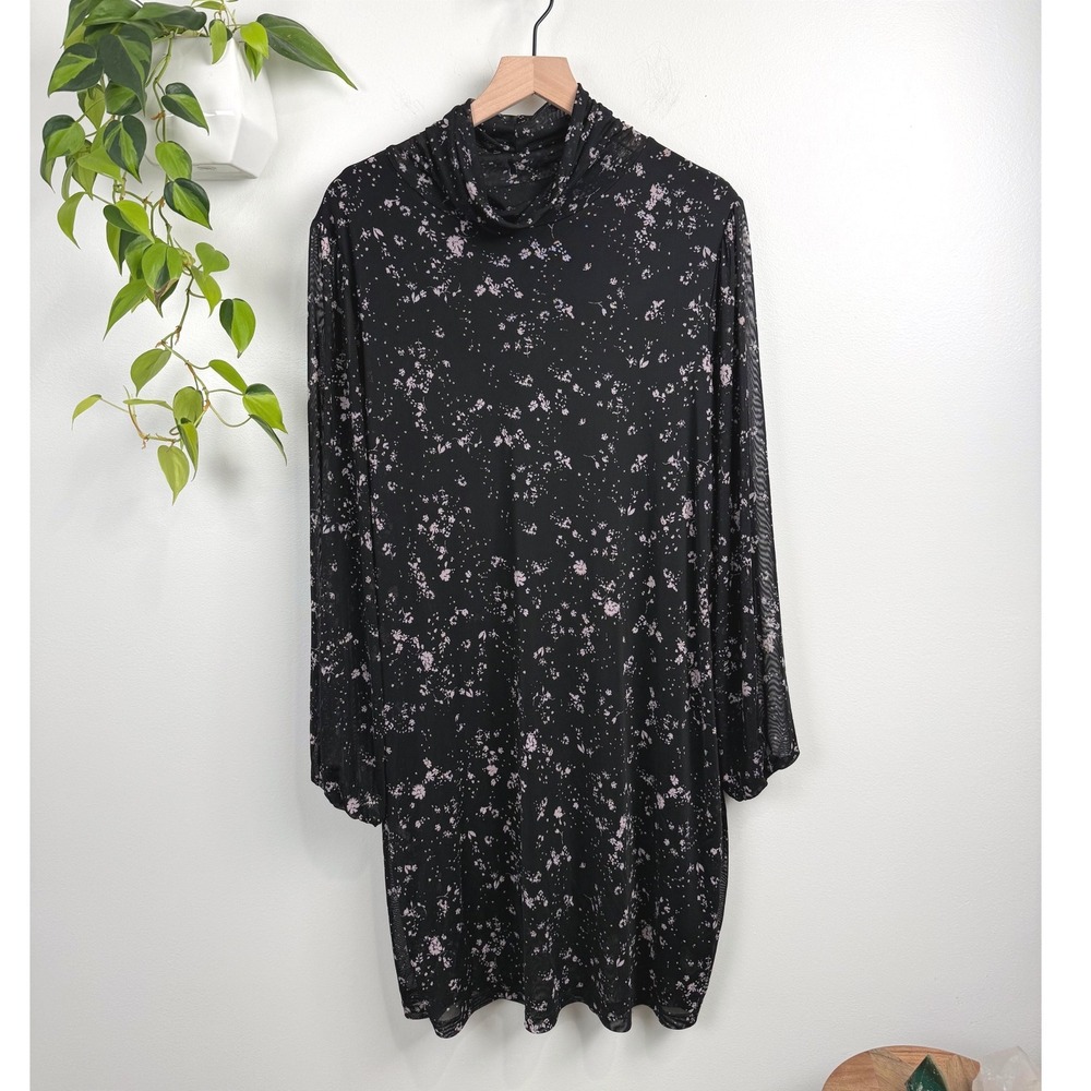 Sanctuary Black Pink Floral Mesh Turtleneck Mini Dress 2X Boho Dark Romantic
